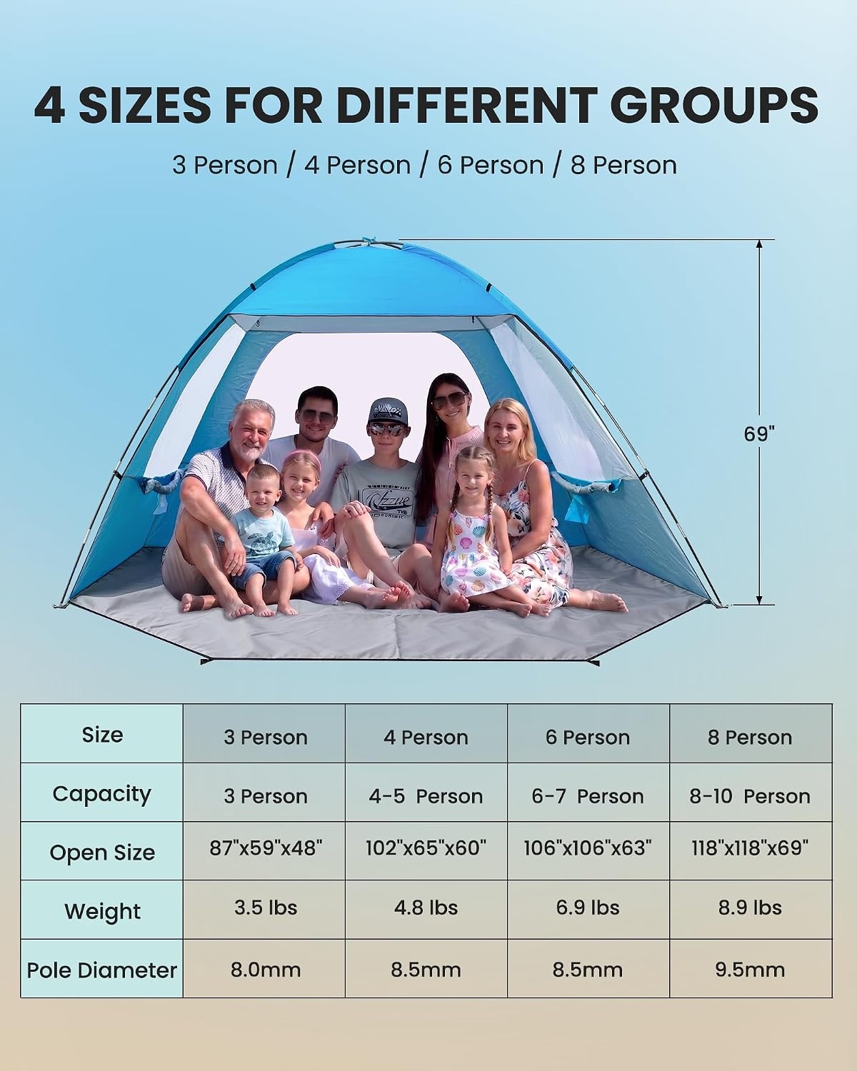 image:imageOutdoorMaster Beach Tent for 3468 Person Portable Sun Shade ShelterBlue