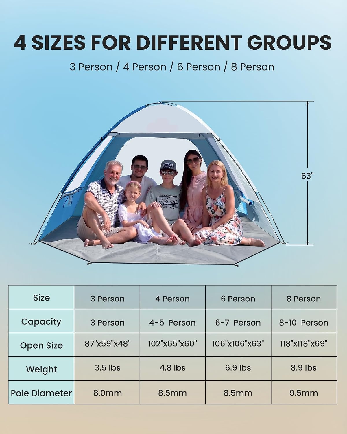 image:imageOutdoorMaster Beach Tent for 3468 Person Portable Sun Shade ShelterIcy Blue