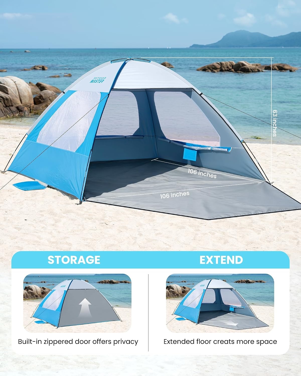 image:imageOutdoorMaster Beach Tent for 3468 Person Portable Sun Shade ShelterIcy Blue