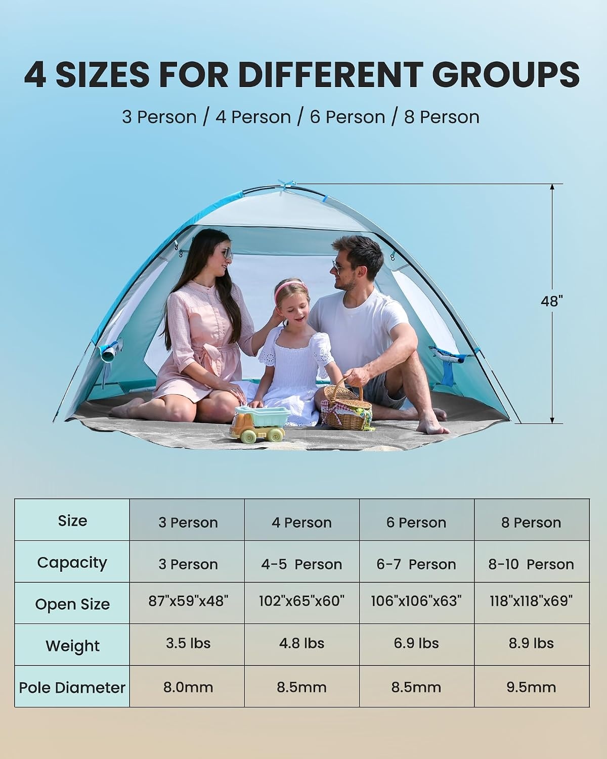 image:imageOutdoorMaster Beach Tent for 3468 Person Portable Sun Shade ShelterIcy Blue
