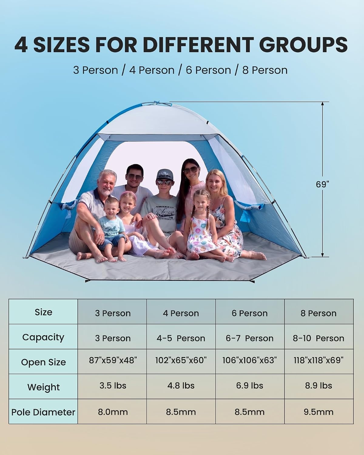 image:imageOutdoorMaster Beach Tent for 3468 Person Portable Sun Shade ShelterIcy Blue